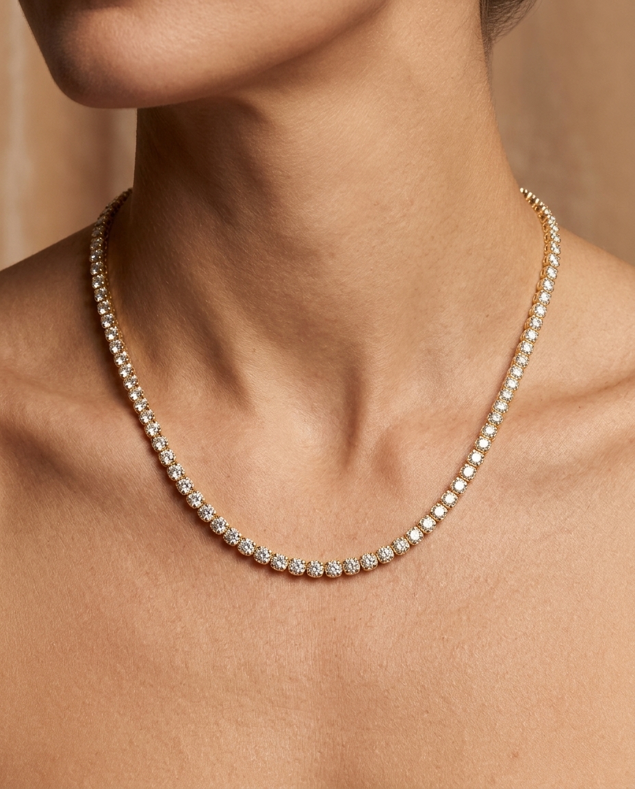 14KT Gold Champagne Diamond Tennis Necklace on model
