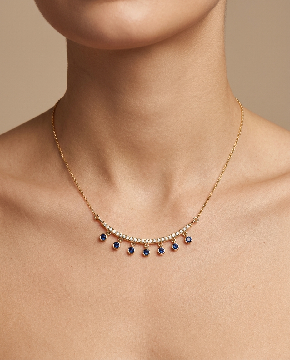 14KT Gold Diamond and Blue Sapphire Necklace view 2
