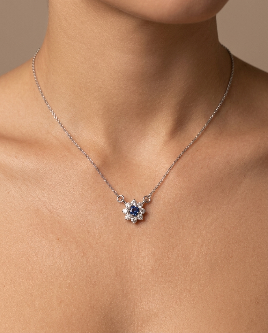 18KT White Gold Diamond and Blue Sapphire Necklace on model