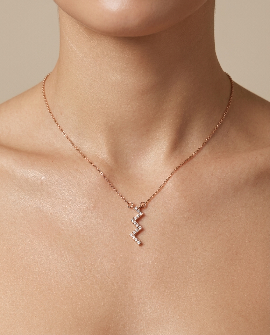 14KT Gold Diamond Zig Zag Bolt Necklace view 2