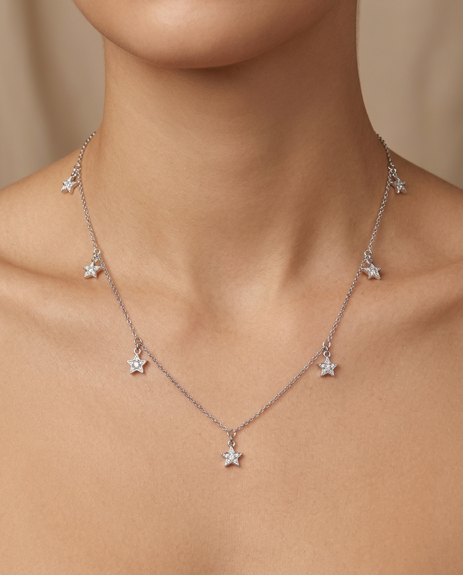14KT Gold Diamond Dangline Star Necklace on model