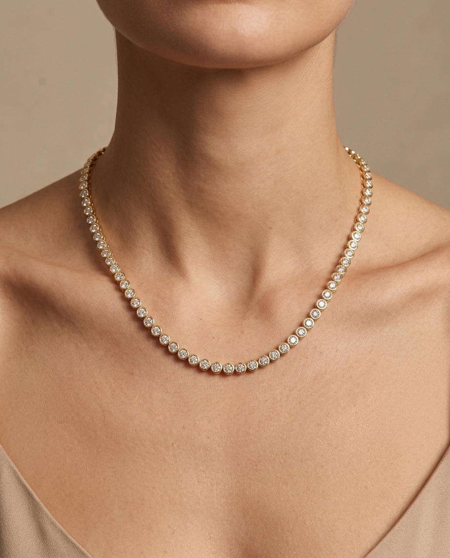 14KT Yellow Gold Diamond Bezel Tennis Necklace on model