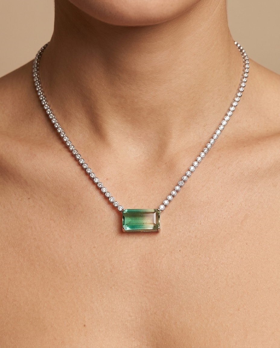 14KT White Gold Green Tourmaline and Diamond Bezel Tennis Necklace view 2