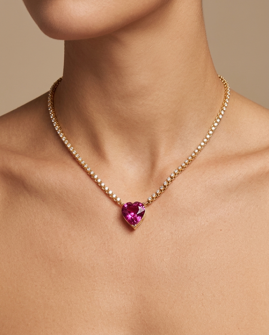 14KT Yellow Gold Pink Tourmaline and Diamond Bezel Tennis Necklace view 2