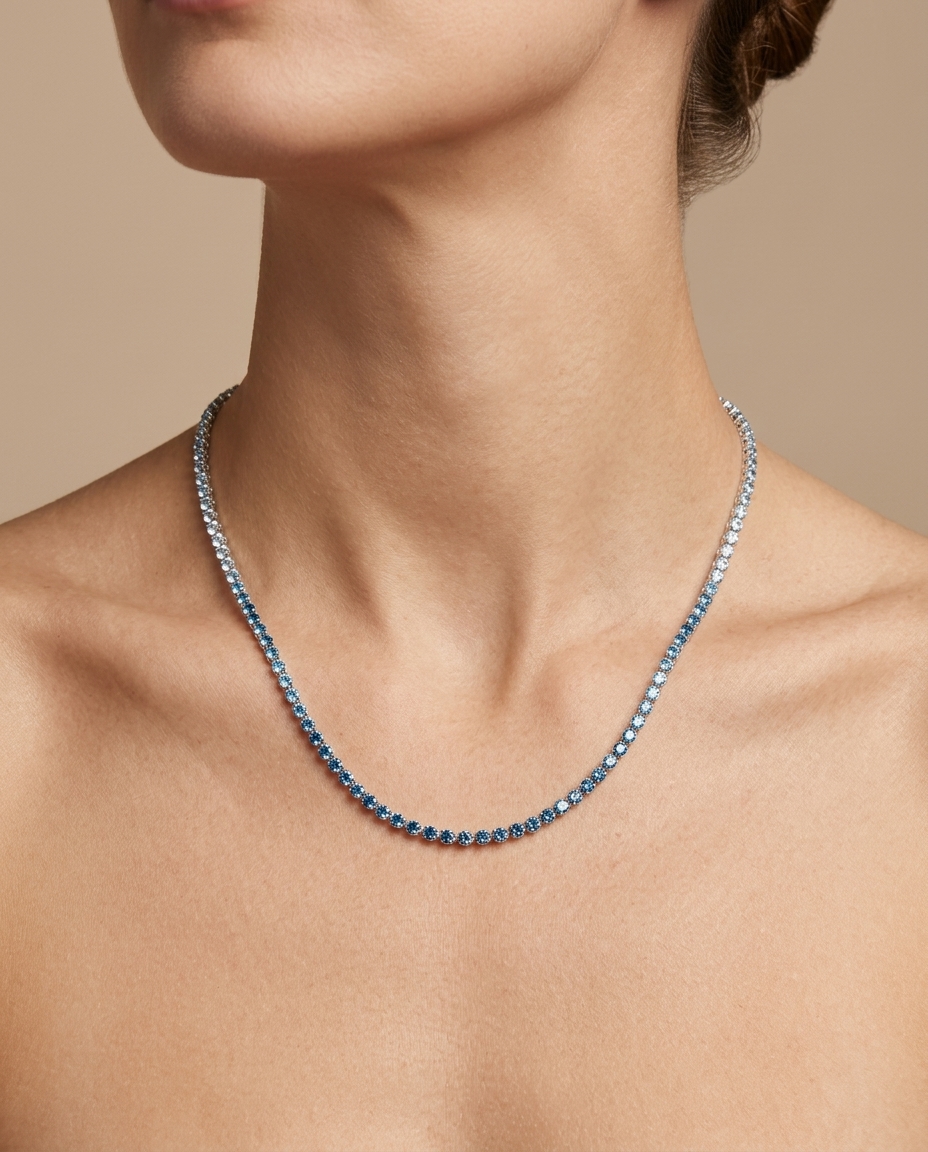 14KT White Gold Blue Diamond Bezel Tennis Necklace view 2