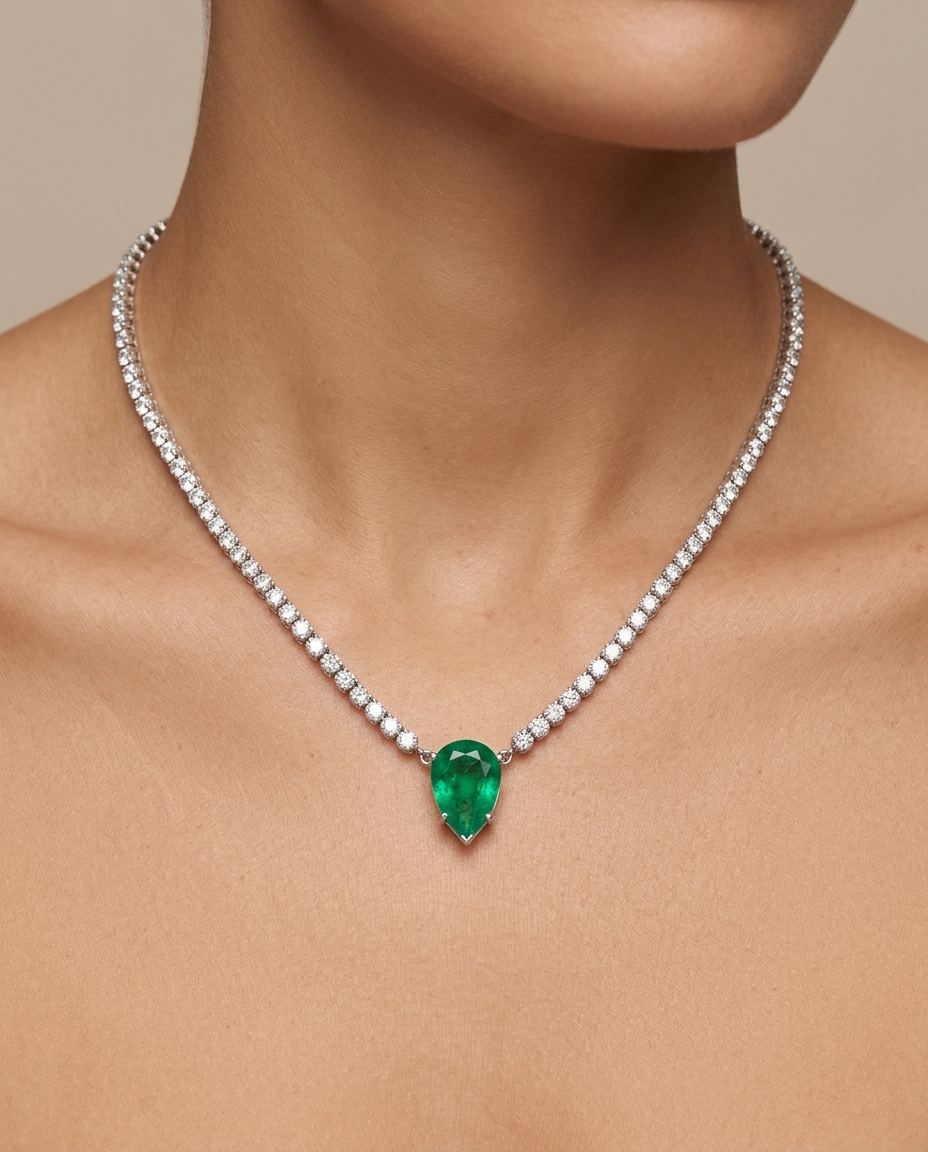 14KT White Gold Emereld and Diamond Bezel Tennis Necklace on model