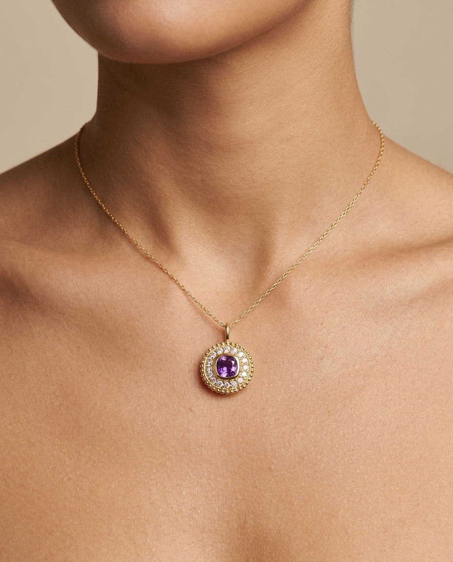 14KT Yellow Gold Amethyst Circle Necklace view 2