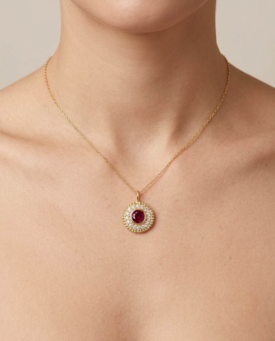 14KT Yellow Gold Garnet Circle Necklace view 2
