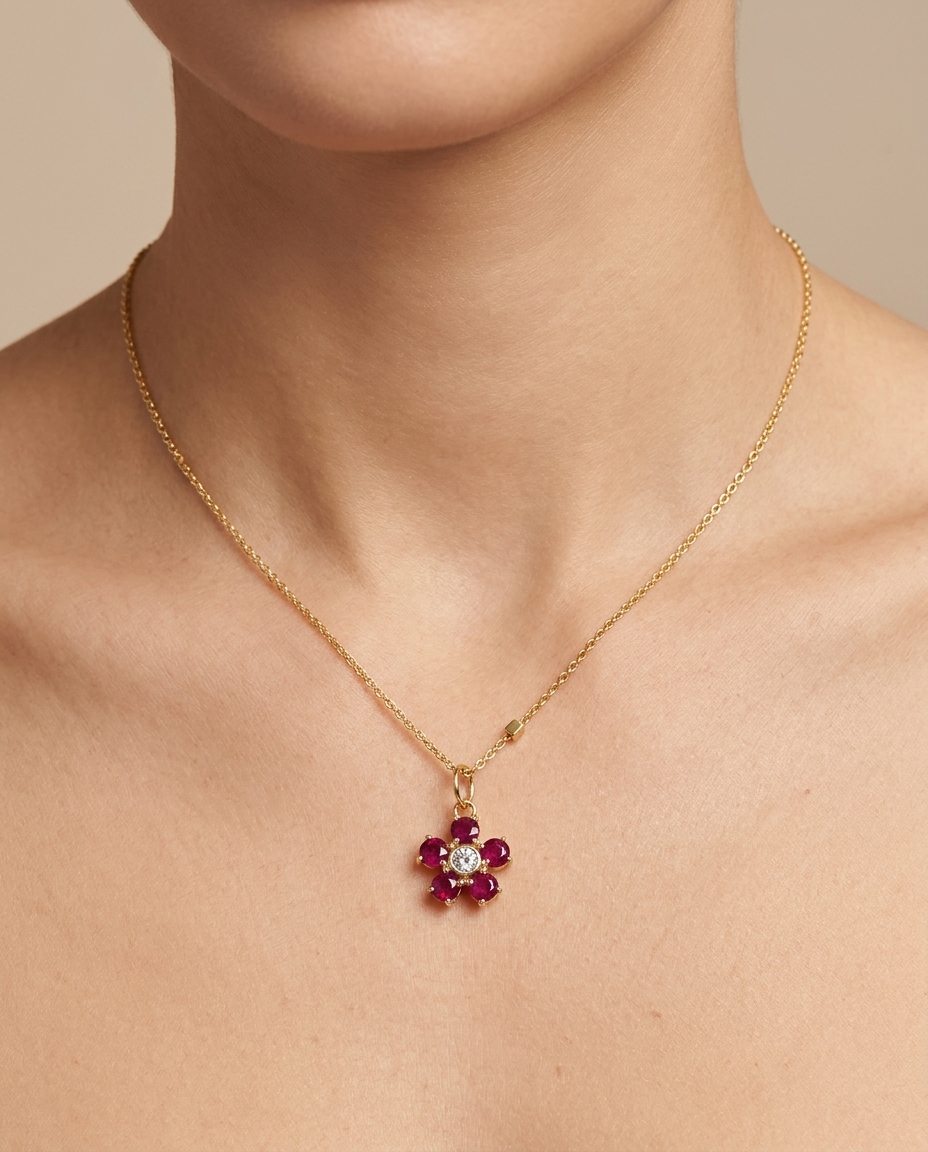 14KT Yellow Gold Flower with Diamonds and Ruby Necklace view 2