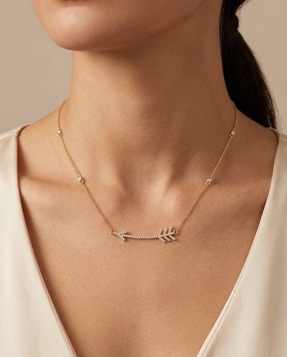 14KT Yellow Gold Arrow Pendant with Diamond Necklace on model