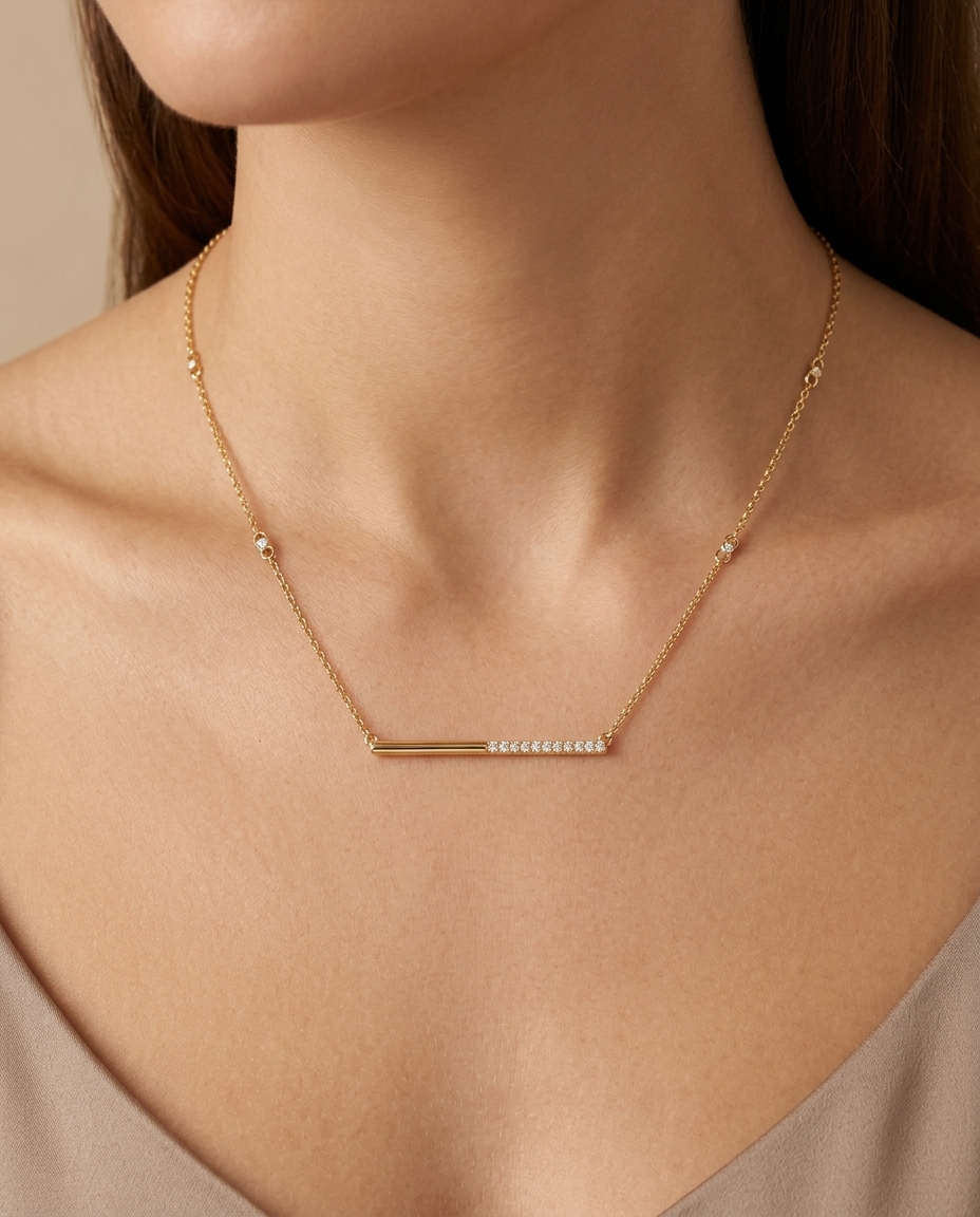 14KT Yellow Gold Diamond Bar Necklace on model