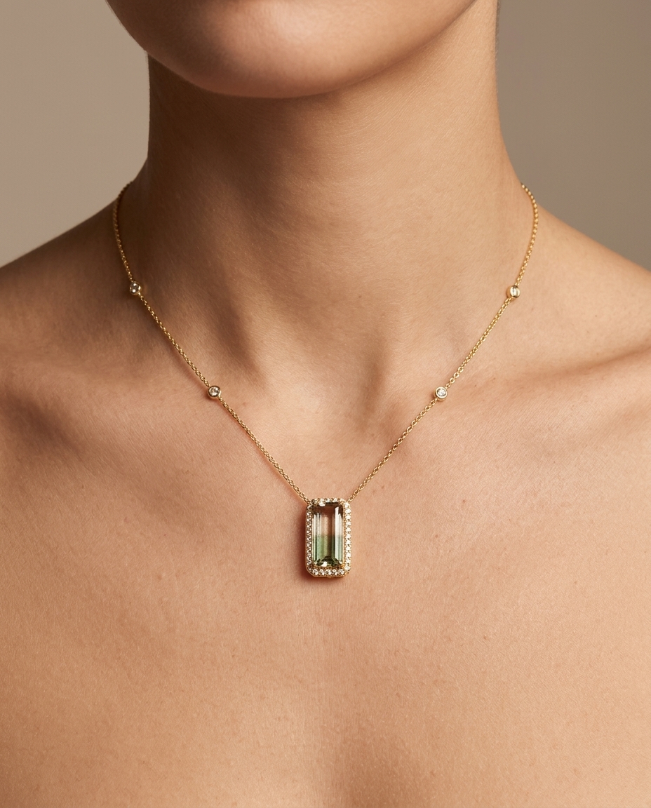 14KT Gold Pink Tourmaline 18" Necklace with Diamonds on model