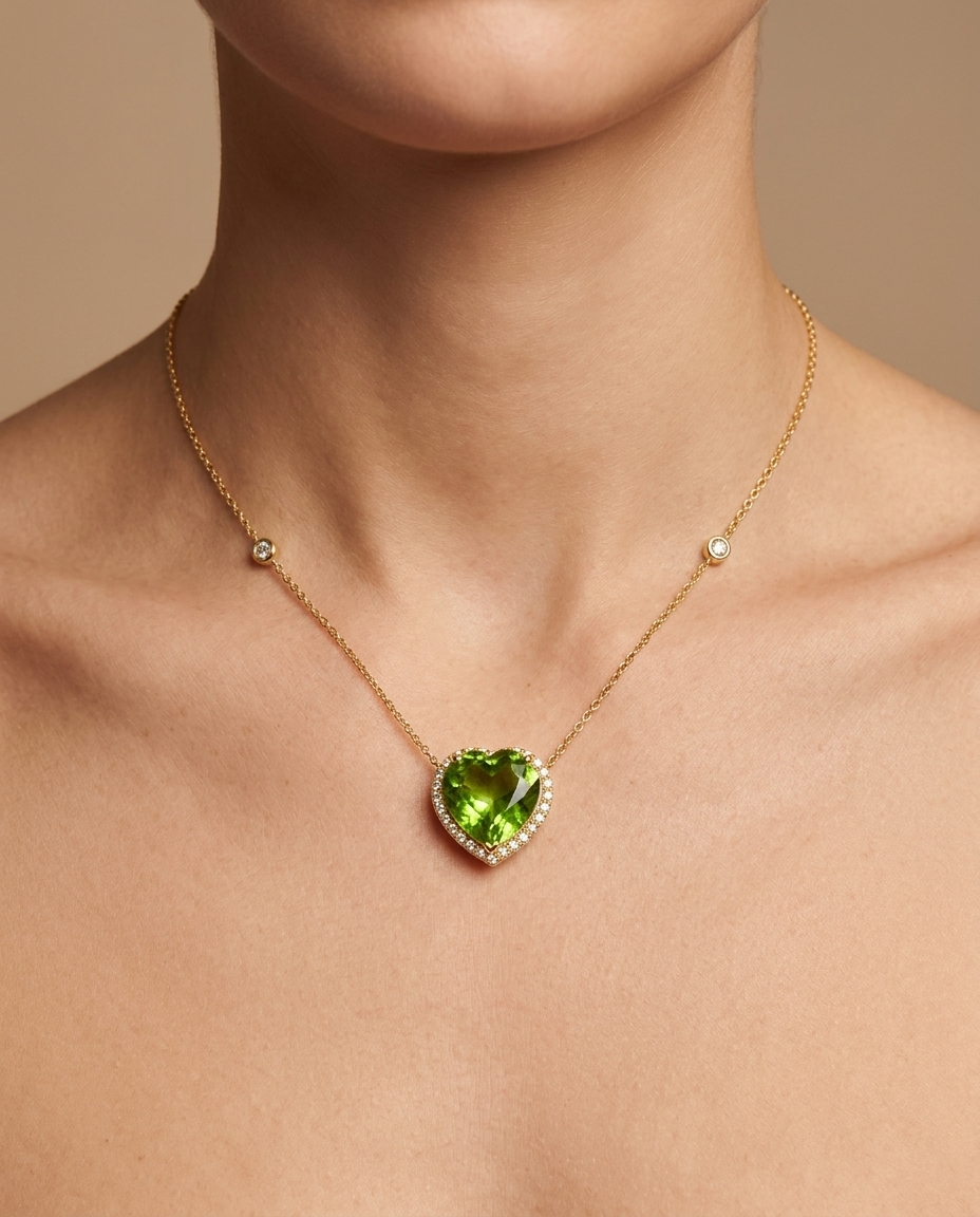 14KT Yellow Gold Green Tourmaline and Diamond Necklace on model