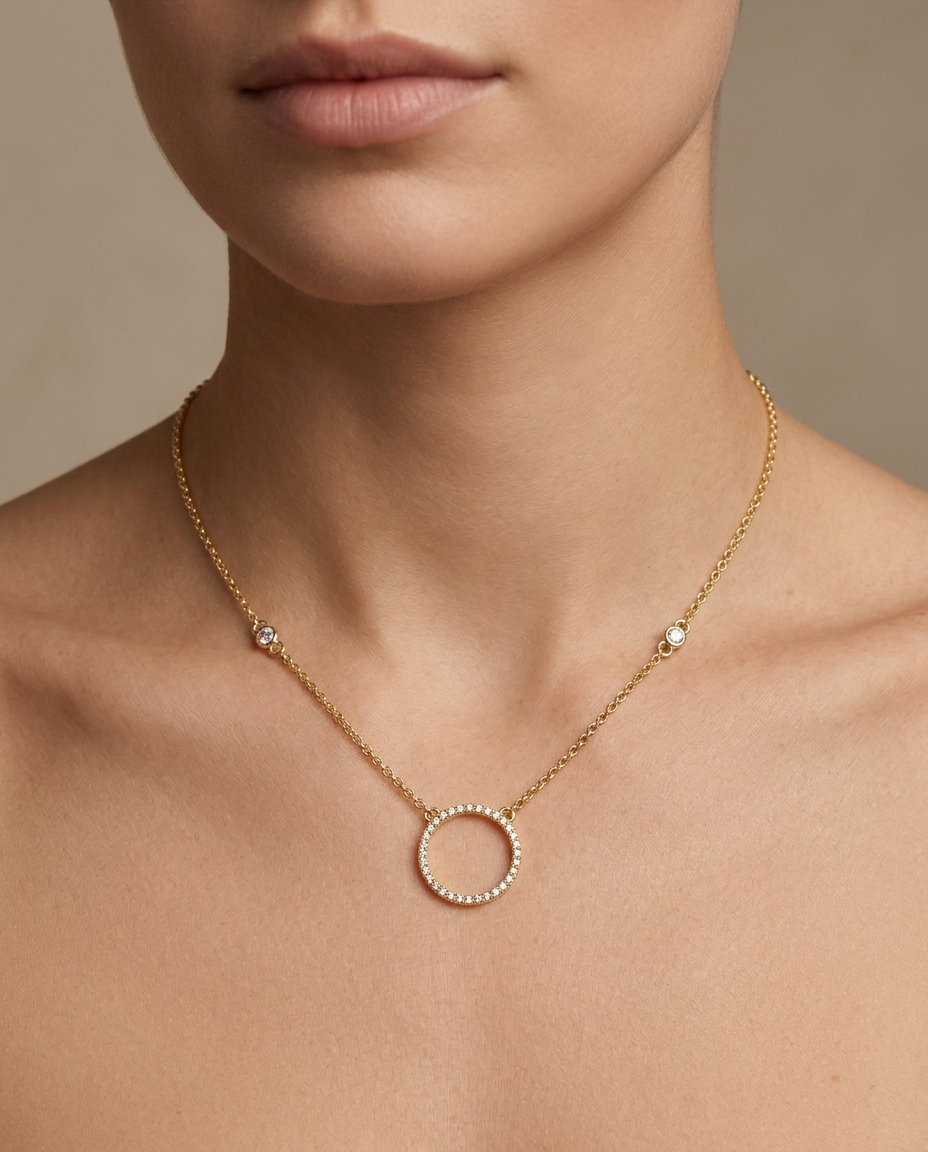 14KT Yellow Gold Diamond Open Circle Necklace on model