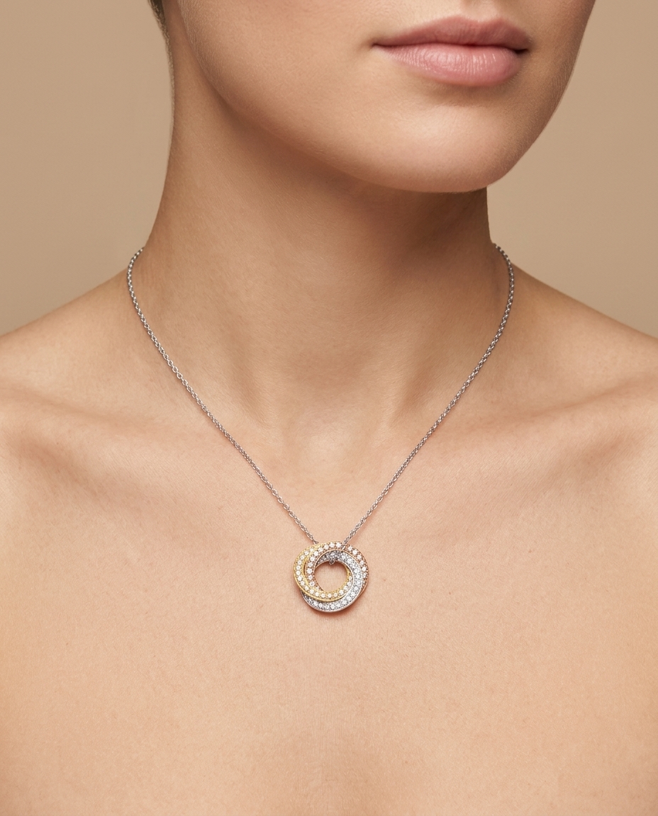 18KT Three Tone Gold Diamond Open Circle Necklace view 2