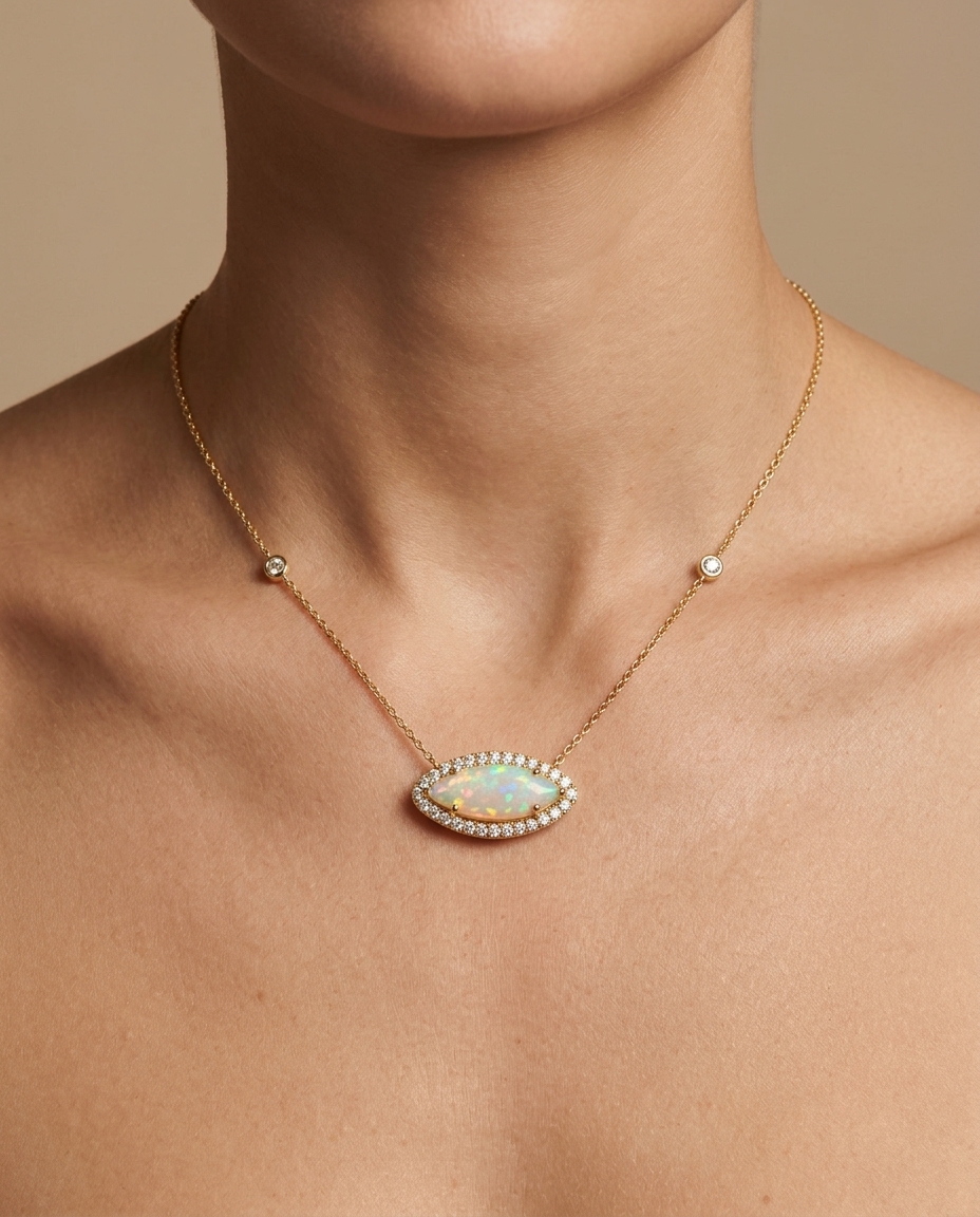 14KT Yellow Gold Marquise Shape Opal and Diamonds Necklace on model