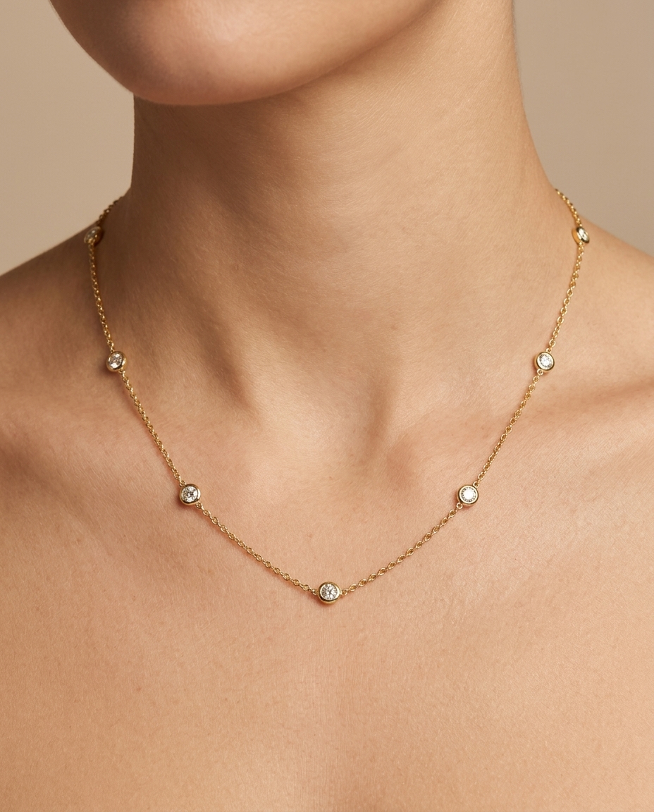 14KT Gold Bezelled Diamond Station Necklace 0.33 Cts view 2