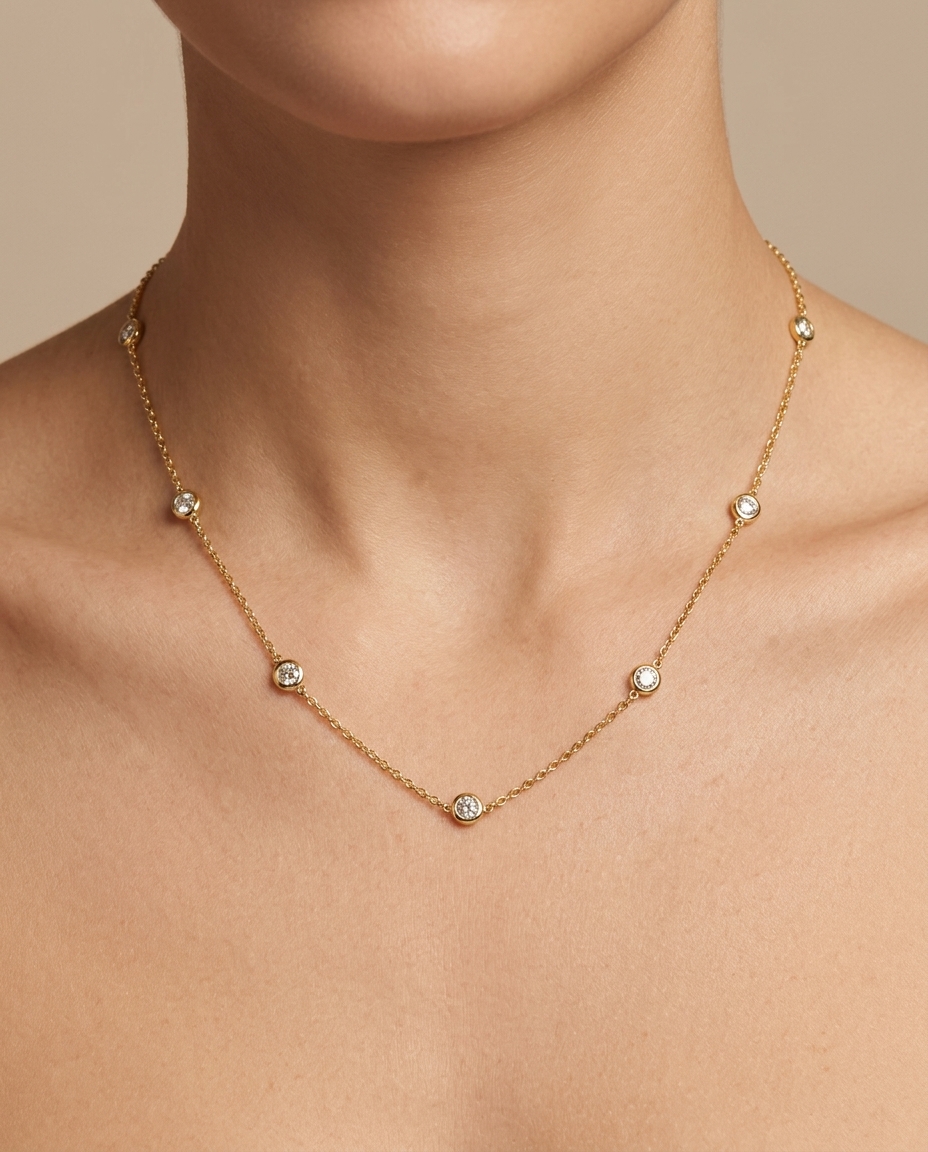 14KT Gold Bezelled Diamond Station Necklace 0.50 Cts view 2