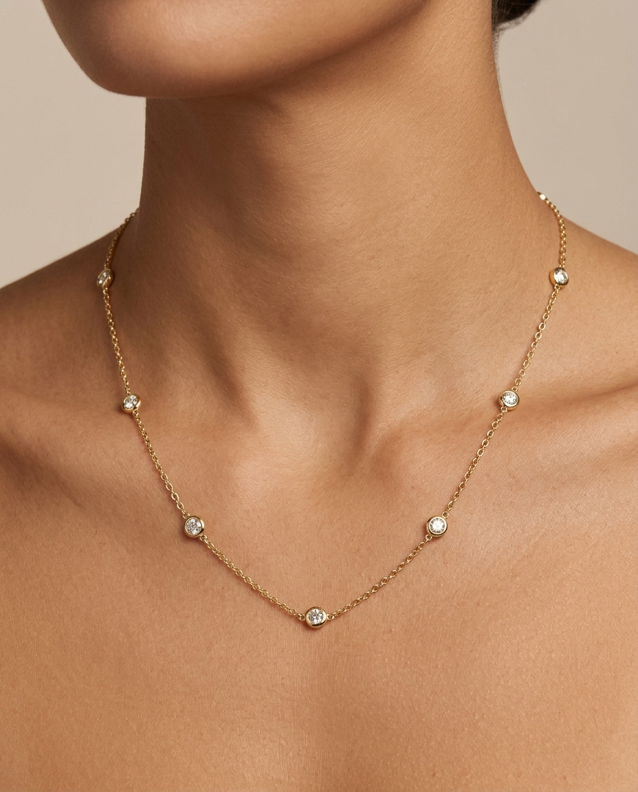 14KT Gold Bezelled Diamond Station Necklace 0.50 Cts on model