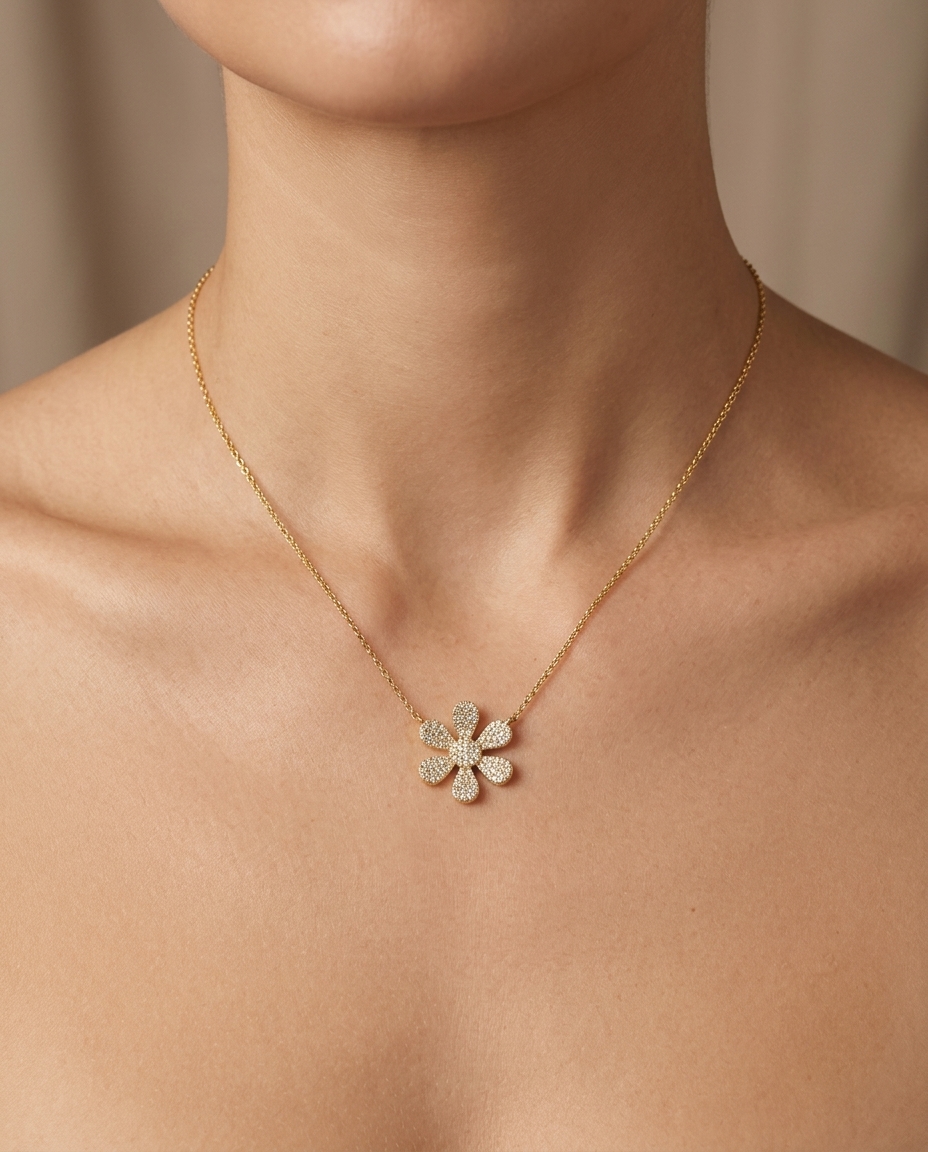 18KT Gold Diamond Flower Necklace on model