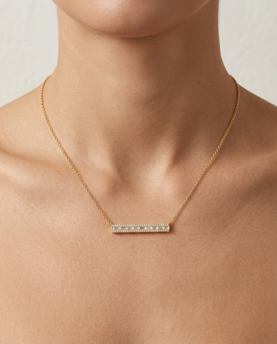 18KT Gold Diamond Bar Necklace view 2