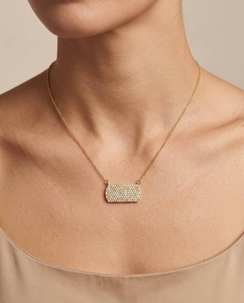 14KT Yellow Gold Diamond Bar Necklace on model