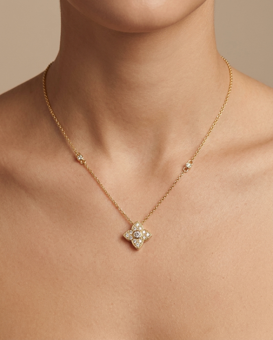 18KT Gold Diamond Flower Necklace on model