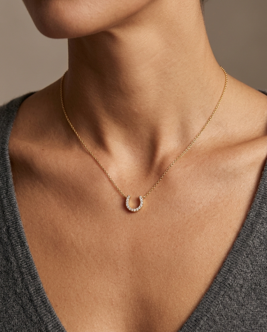 18KT Gold Diamond Horseshoe Necklace on model