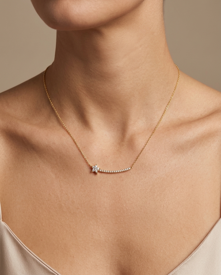 18KT Gold Diamond Star/Bar Necklace on model