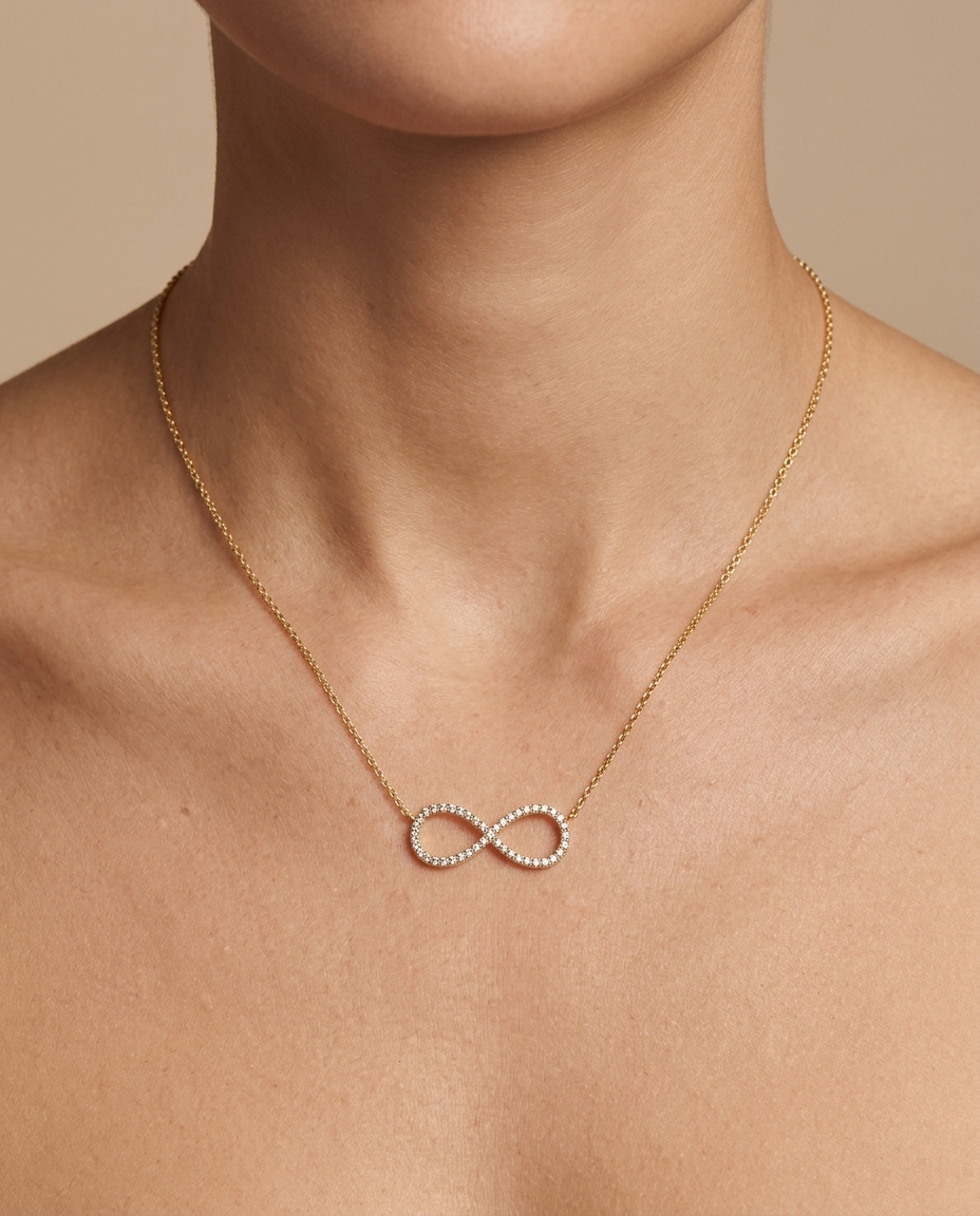 18KT Gold Diamond Infinity Necklace on model