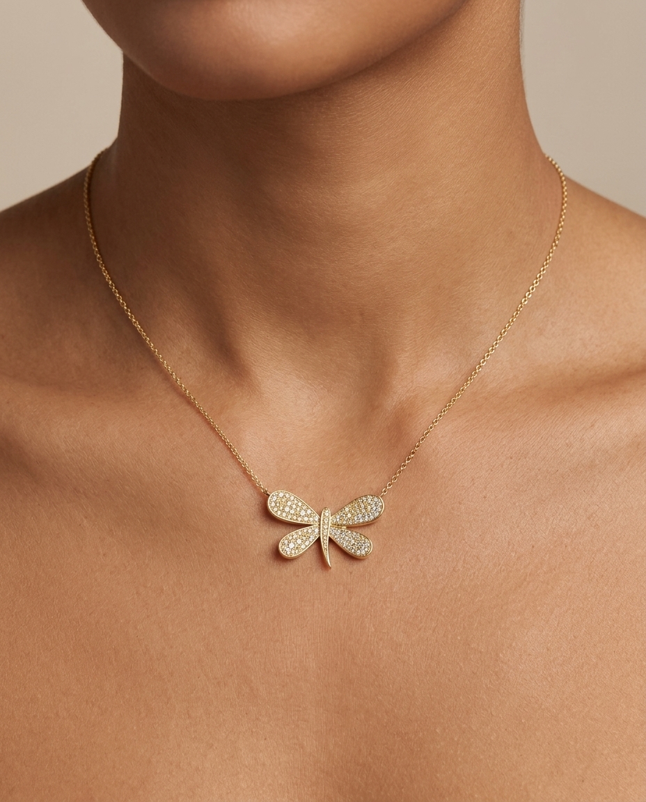 18KT Gold Diamond Dragonfly Necklace on model