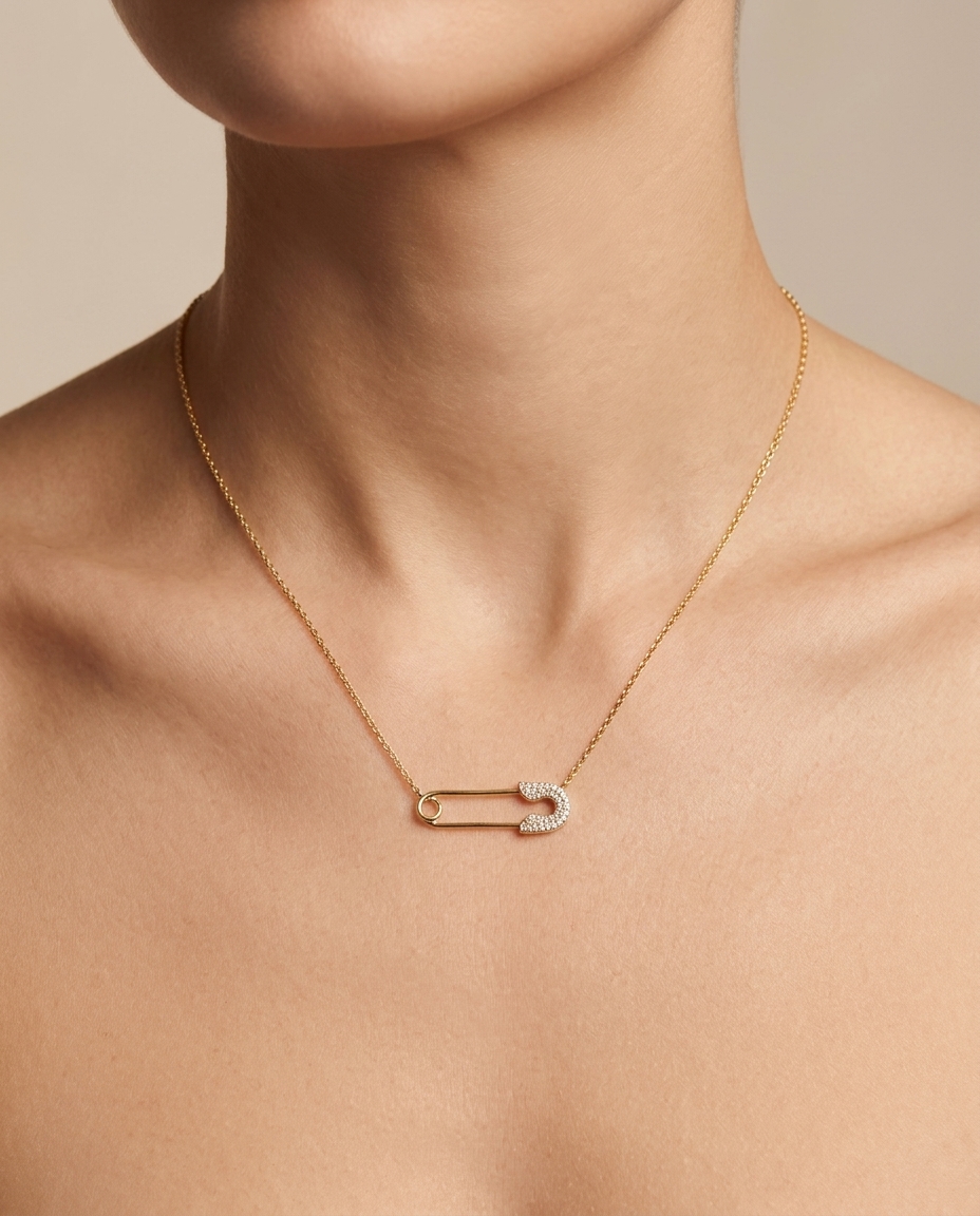 18KT Gold Diamond Safety Pin Necklace on model