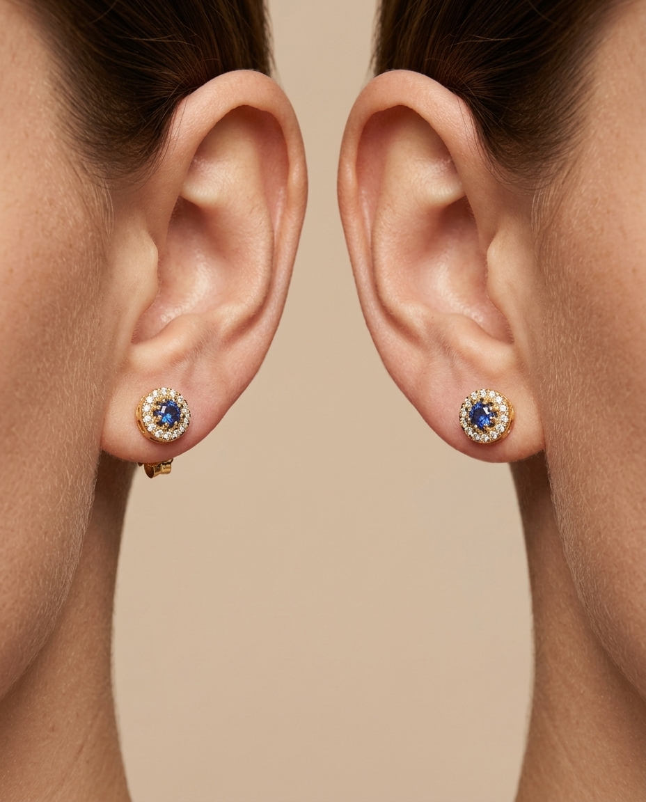 14KT Gold Blue Sapphire and Diamonds Stud Earring on model