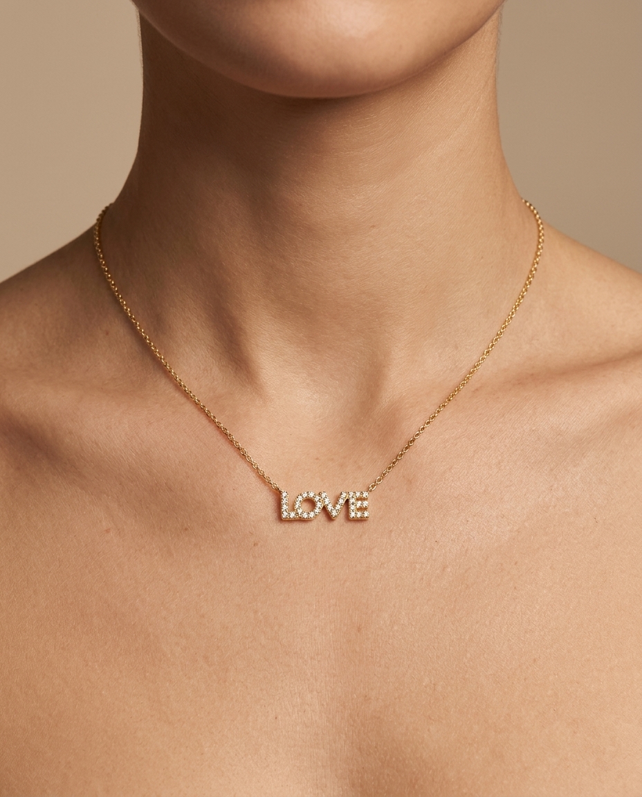 18KT Gold Diamond Love Necklace on model