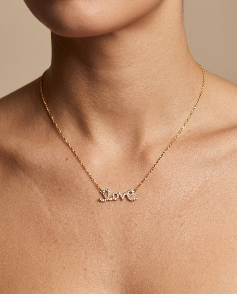 18KT Gold Diamond Love Necklace on model