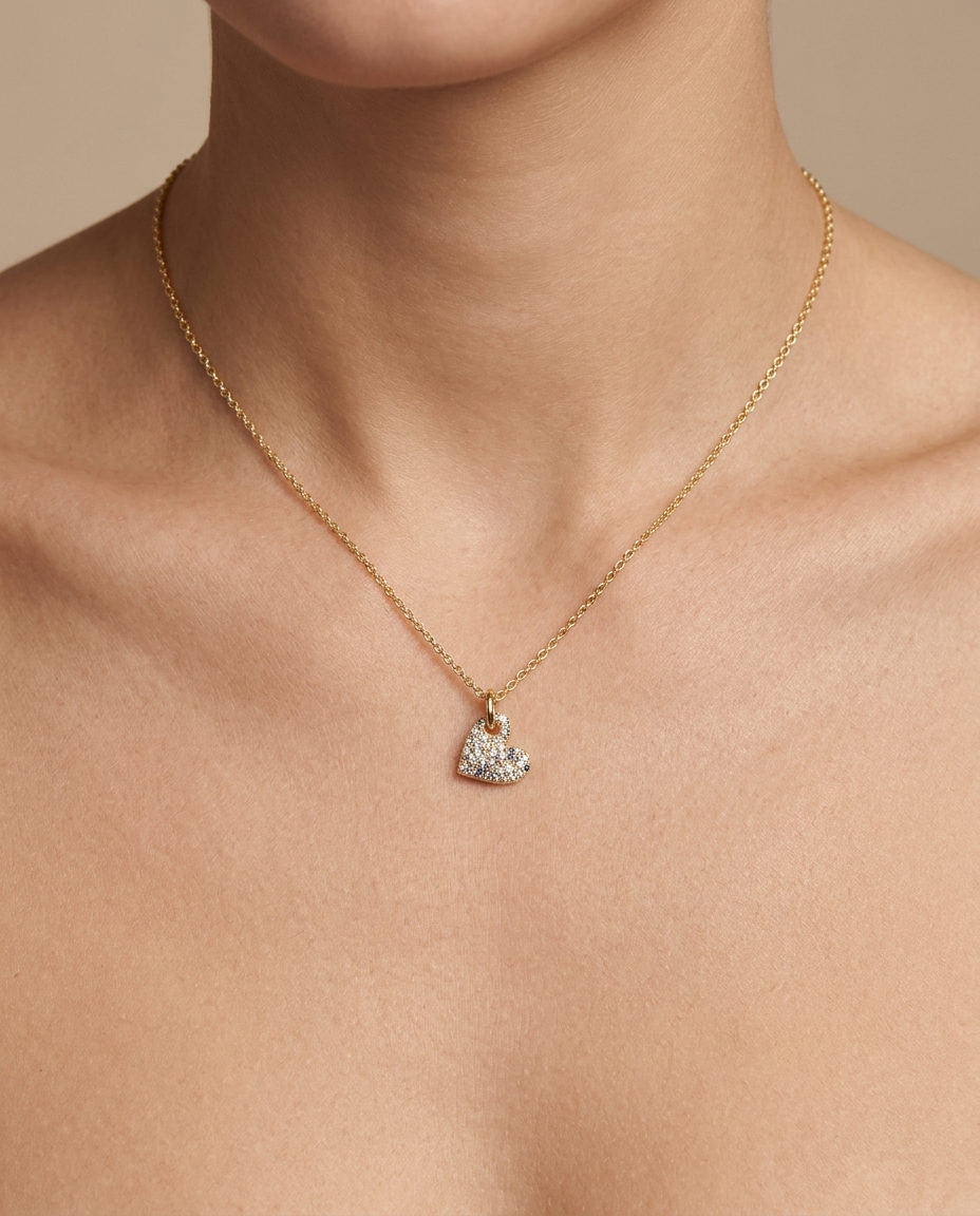 18KT Gold Diamond Heart Necklace on model