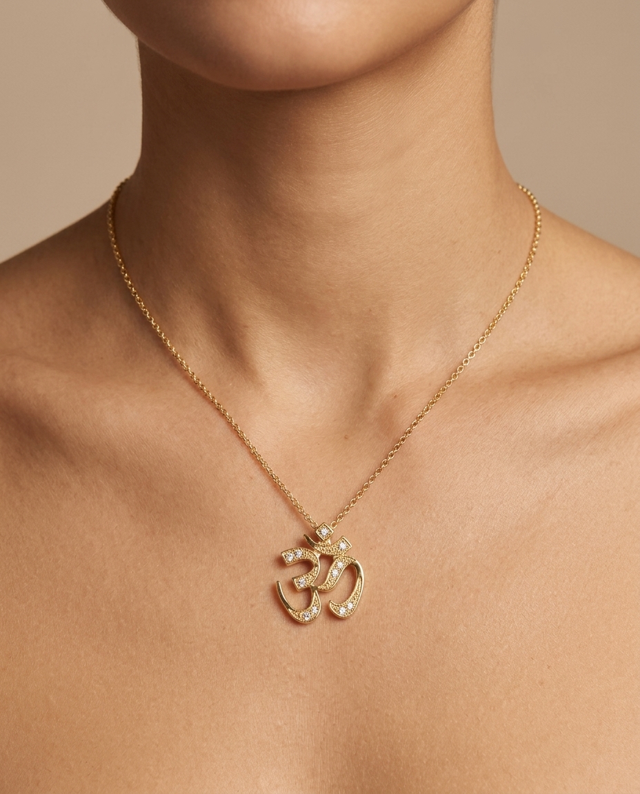 14KT Gold Diamond Ohm Necklace on model