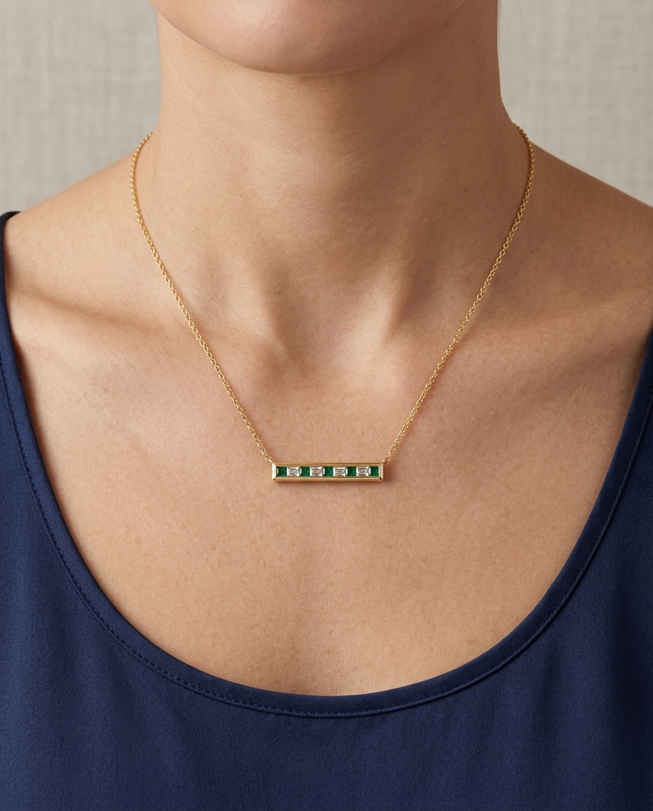 18KT Gold Baguette Diamond Bar Necklace on model