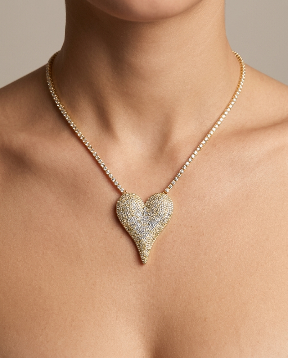 14KT Gold Diamond Pointed Heart Necklace on model