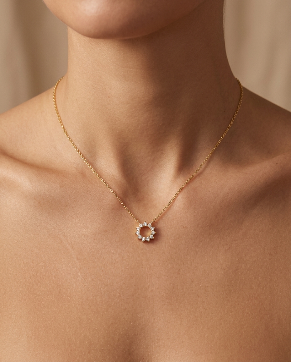 18KT Gold Diamond Open Circle Necklace on model