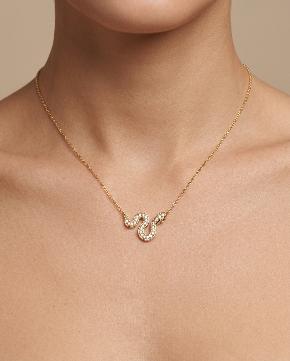 18KT Gold Diamond and Stone Snake Necklace on model