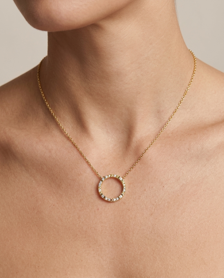 18KT Gold Diamond Open Circle Necklace on model