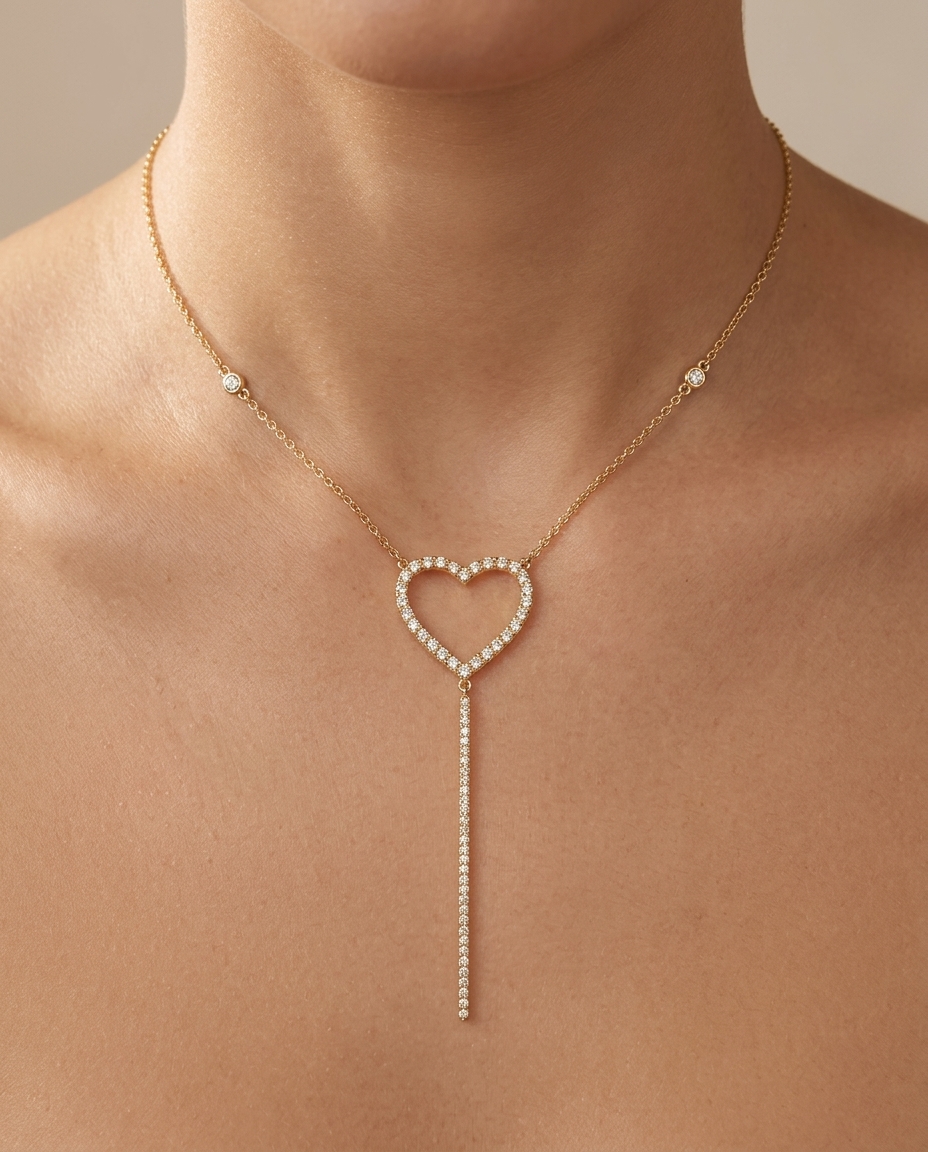 18KT Gold Diamond Heart Dangling Necklace on model