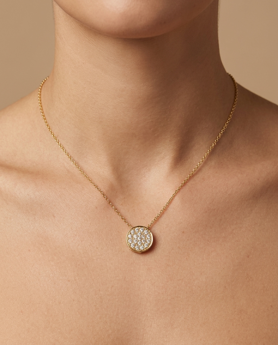 18KT Gold Diamond Round Necklace view 2