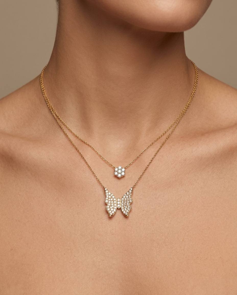 18KT Gold Diamond Butterfly and Round Double Necklace view 2