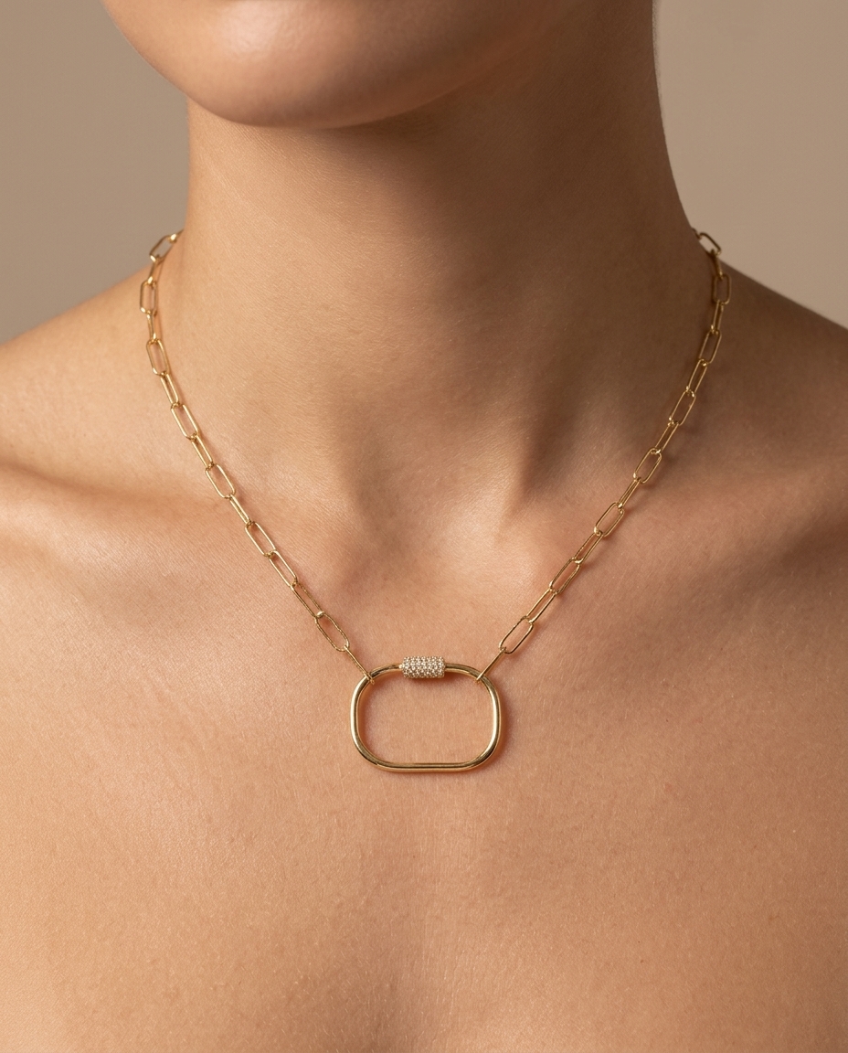 14KT Gold Paperclip Chain with One Diamond Lock Necklace view 2