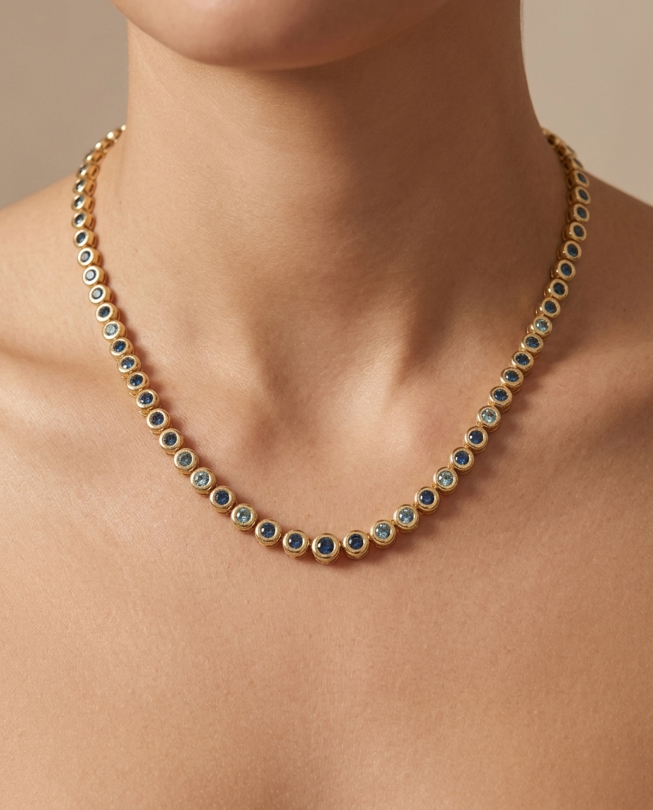 14KT Gold Bezel Blue Diamond Tennis Necklace on model