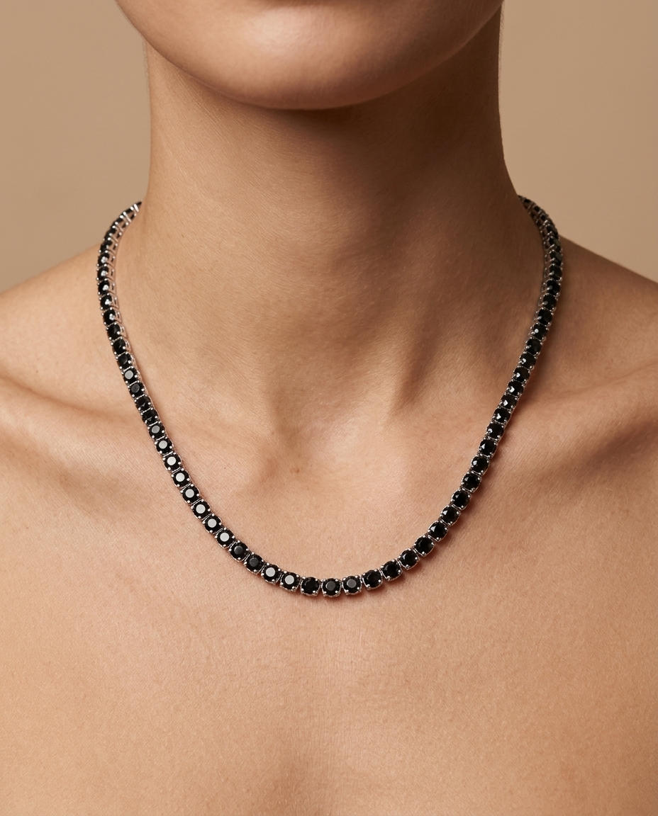 14KT Gold Black Diamond Tennis Necklace on model