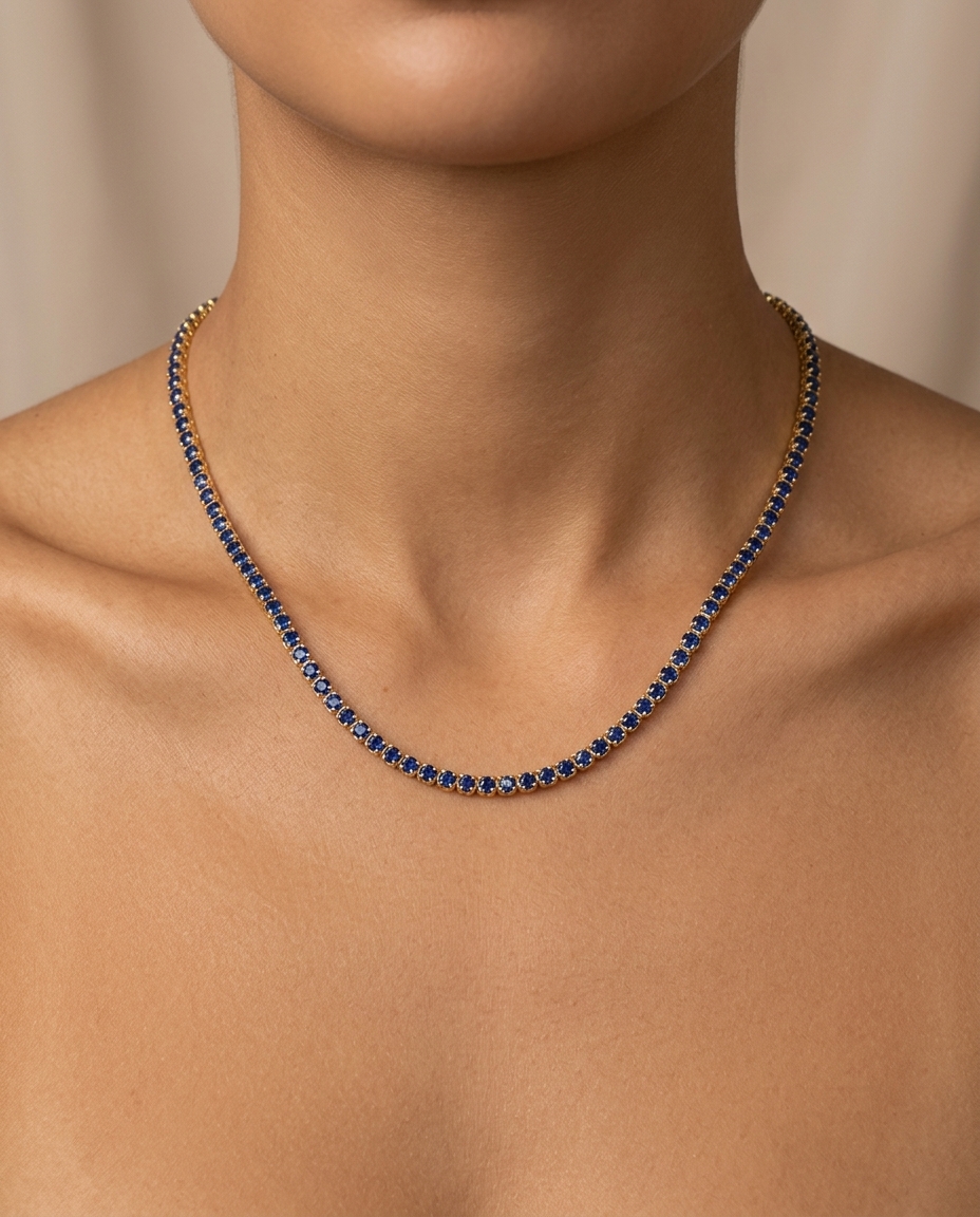 14KT Gold Blue Sapphire Tennis Necklace view 2