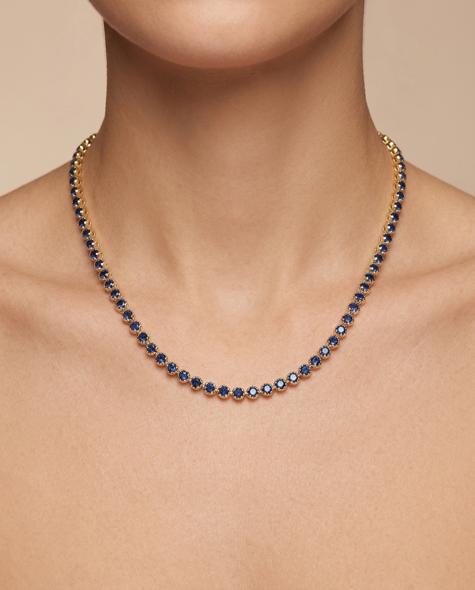 14KT Gold Blue Sapphire Tennis Necklace on model
